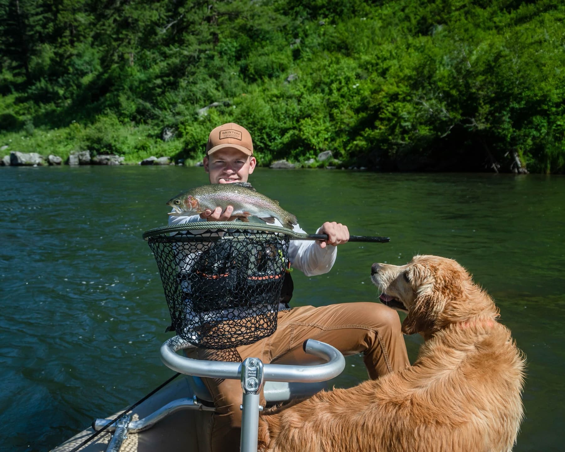 Angler with a rainbow trout and golden retriever in the boat